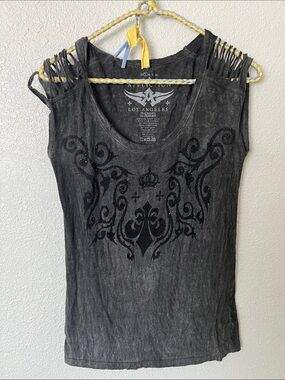 Affliction Black Washed Graphic Sleeveless Tank with Braided Shoulders-see back😎